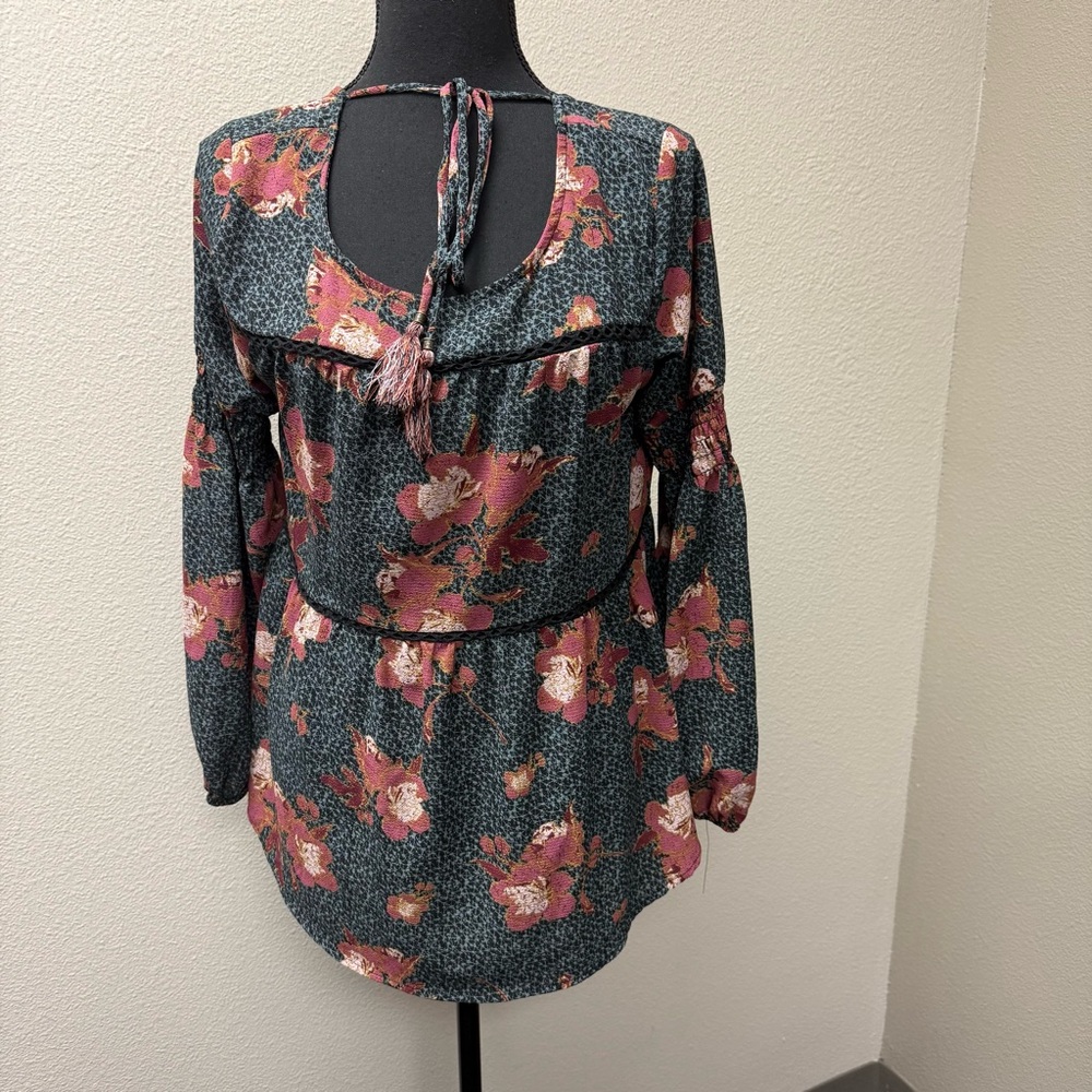 Knox Rose Boho Floral Peasant Blouse Blue Burgundy Medium Tassel - Picture 2 of 11
